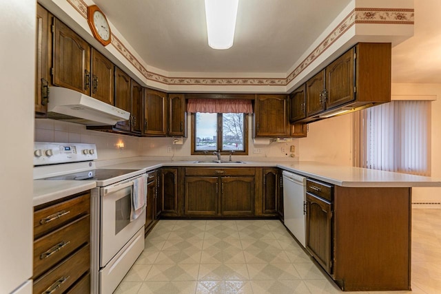 kitchen featuring kitchen peninsula, decorative backsplash, white appliances, dark brown cabinetry, and sink