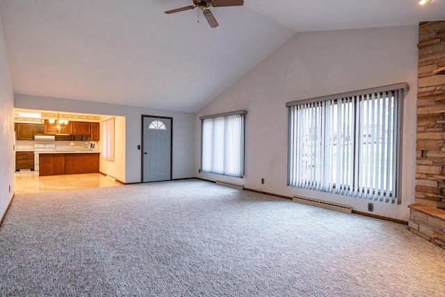 unfurnished living room featuring light carpet, high vaulted ceiling, and ceiling fan with notable chandelier