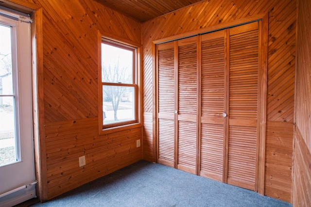 unfurnished bedroom featuring carpet, wood walls, and multiple windows