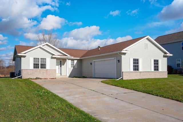 ranch-style house with a front yard and a garage