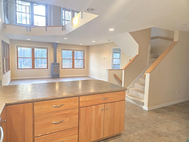 kitchen featuring a wood stove