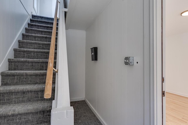 stairway with wood-type flooring and wooden walls