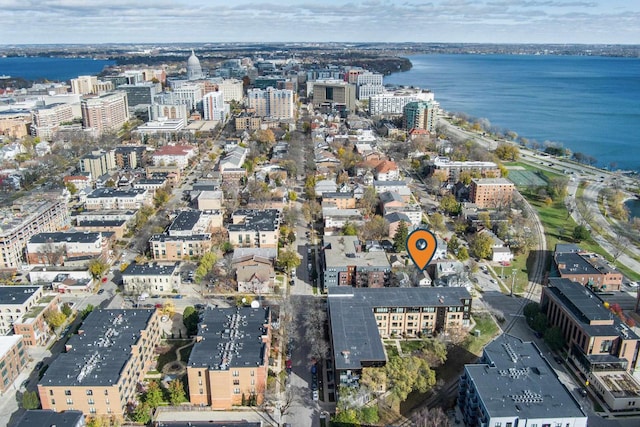 bird's eye view with a water view