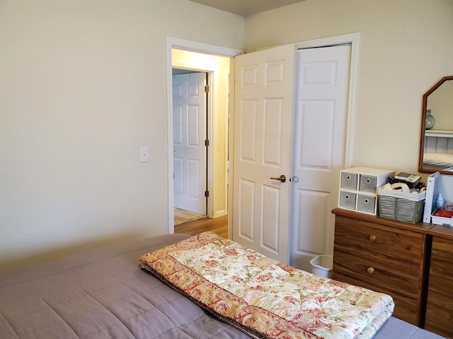 bedroom with hardwood / wood-style floors and a closet