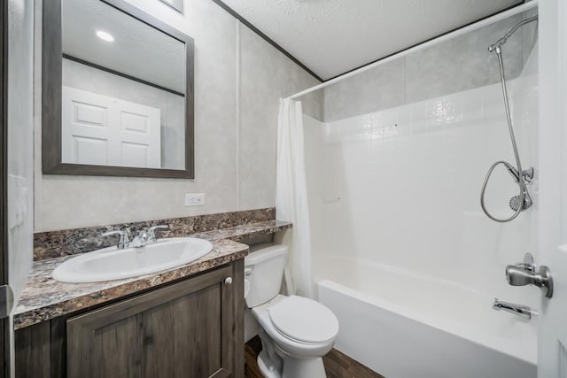 full bathroom with vanity, toilet, shower / bathtub combination with curtain, a textured ceiling, and wood-type flooring