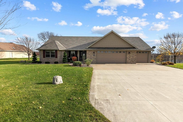 4207 Lost Dauphin Rd, De Pere, WI 54115 - single story home featuring driveway, a garage, a front lawn, brick siding, and a shingled roof