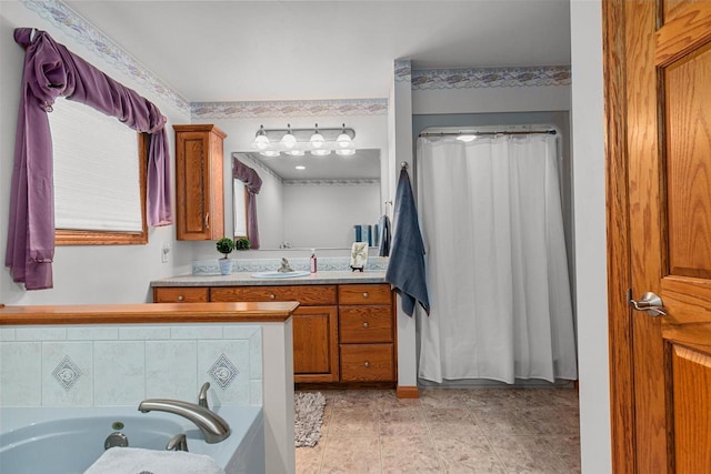 4207 Lost Dauphin Rd, De Pere, WI 54115 - bathroom with vanity, a bath, and a shower with curtain