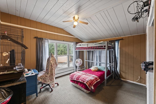 bedroom featuring wooden ceiling, wooden walls, vaulted ceiling, ceiling fan, and baseboard heating