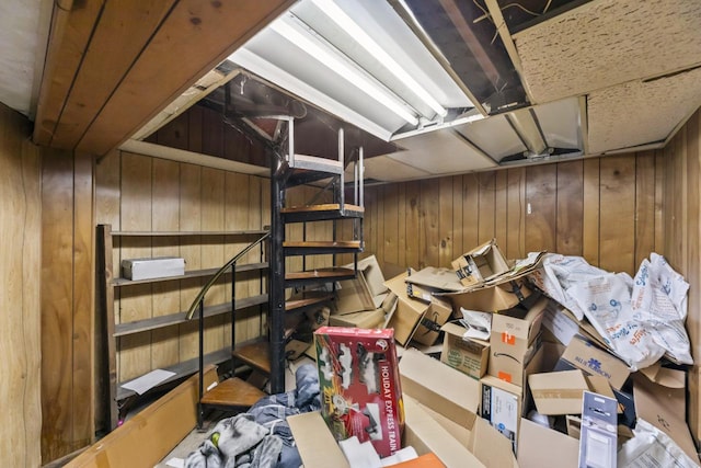 basement featuring wooden walls