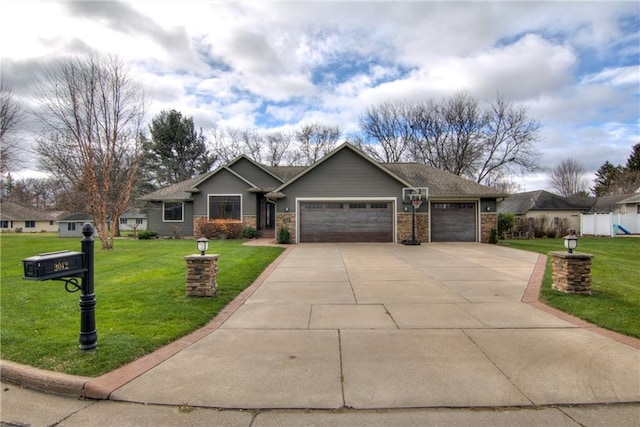 ranch-style home with a garage and a front lawn