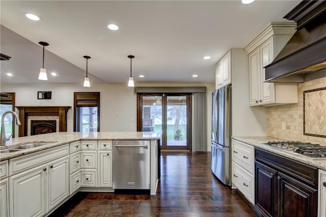 kitchen featuring appliances with stainless steel finishes, premium range hood, sink, dark hardwood / wood-style floors, and hanging light fixtures