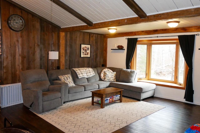 living room featuring beamed ceiling, hardwood / wood-style floors, and wooden walls