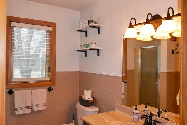 bathroom with vanity, a shower with shower door, and toilet