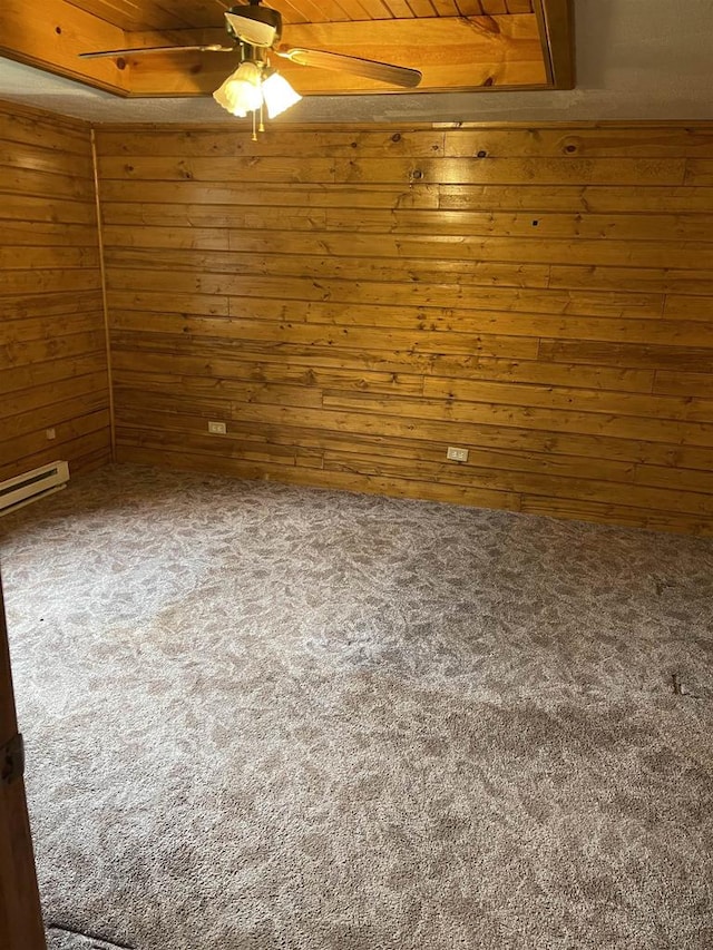 carpeted spare room with wooden walls, ceiling fan, and wood ceiling