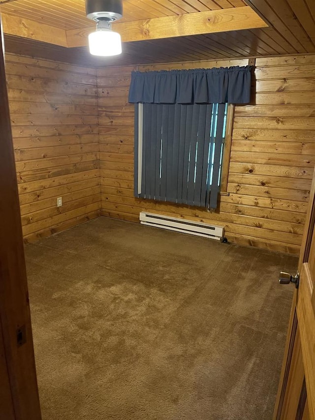 unfurnished room featuring wooden walls, wood ceiling, a baseboard radiator, and dark carpet