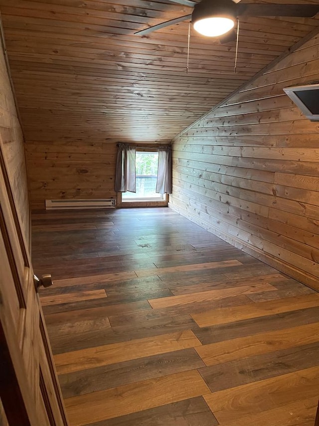 additional living space featuring wooden walls, dark hardwood / wood-style flooring, and lofted ceiling