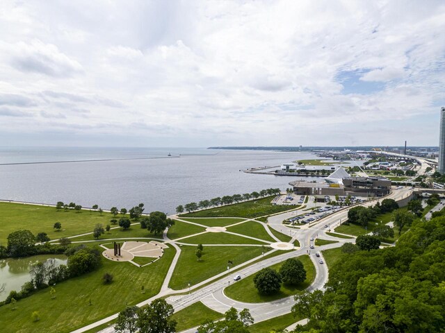 drone / aerial view with a water view