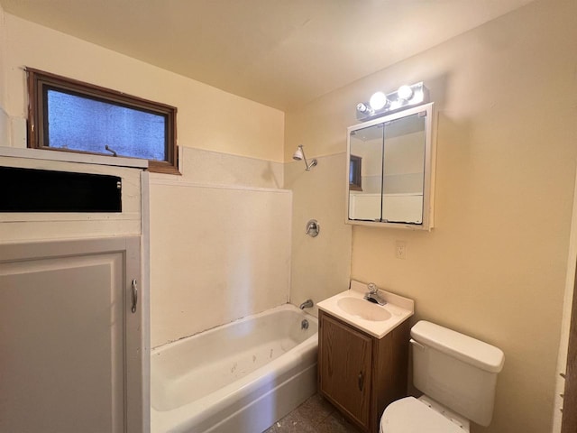 full bathroom with toilet, vanity, and bathing tub / shower combination