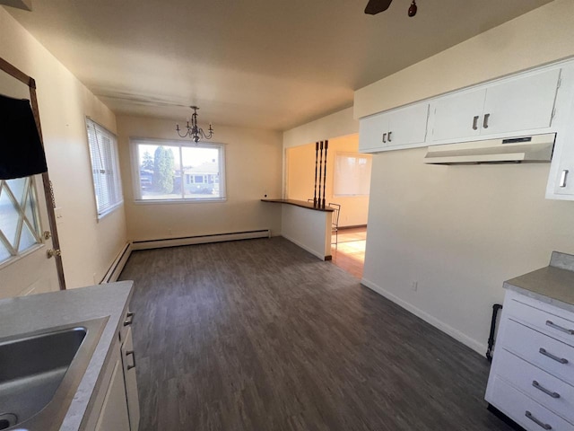 interior space with dark hardwood / wood-style floors, sink, baseboard heating, and an inviting chandelier