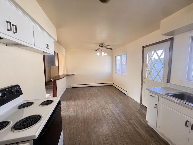 kitchen featuring white cabinets, dark hardwood / wood-style flooring, ceiling fan, and electric stove