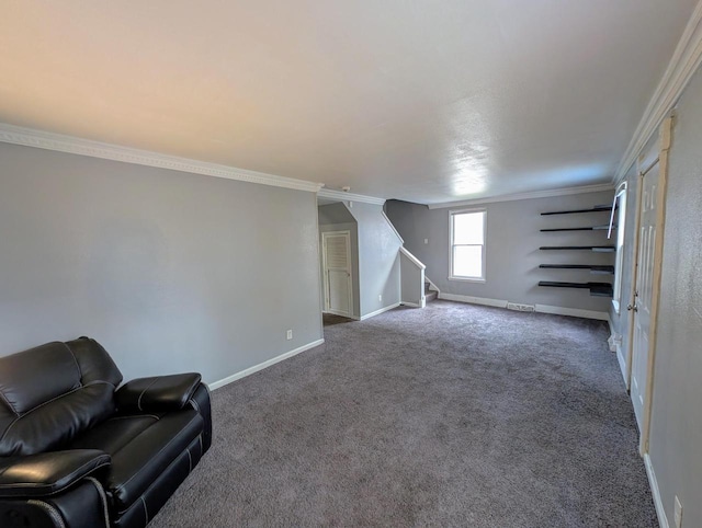 unfurnished living room featuring crown molding and dark carpet