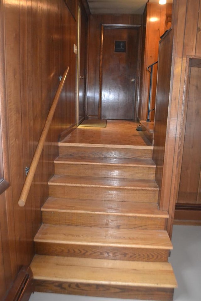 staircase with wooden walls