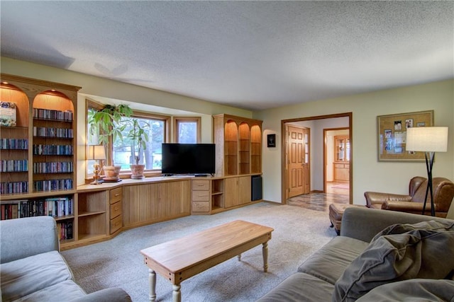 carpeted living room with a textured ceiling