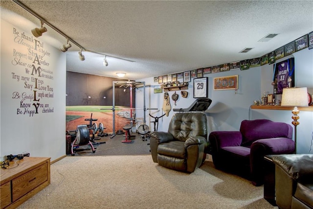 exercise room featuring carpet, a textured ceiling, and rail lighting