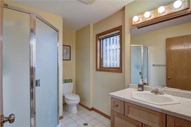 bathroom with tile patterned floors, vanity, toilet, and an enclosed shower