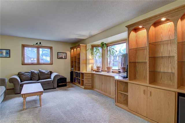 carpeted living room featuring a textured ceiling