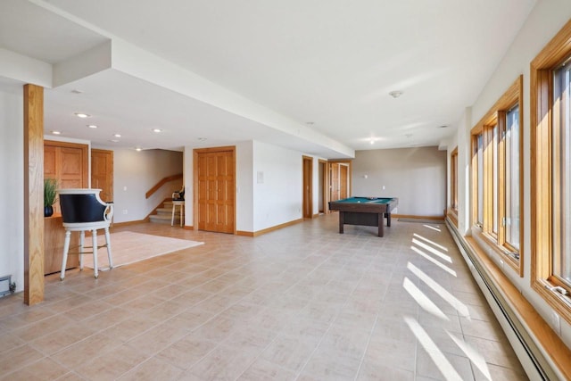 playroom featuring light tile patterned flooring, billiards, and a baseboard heating unit