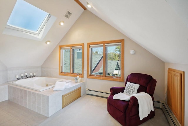 bathroom featuring tiled tub, lofted ceiling with skylight, and a baseboard heating unit