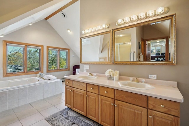 bathroom with tile patterned flooring, vanity, lofted ceiling with beams, and shower with separate bathtub