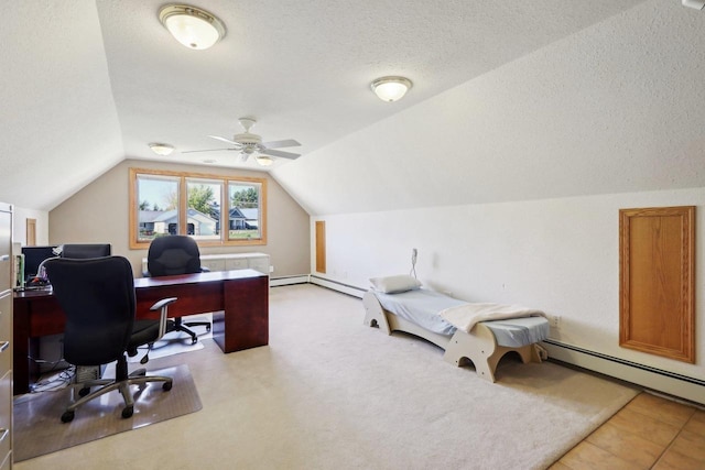 office with light carpet, a textured ceiling, ceiling fan, a baseboard radiator, and lofted ceiling