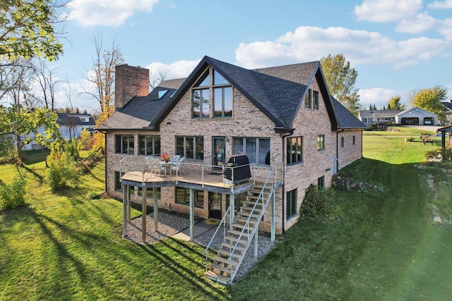 back of property with a wooden deck and a yard