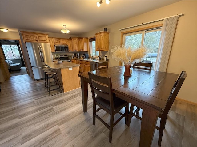 dining space featuring a healthy amount of sunlight, light wood-type flooring, and sink