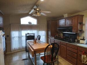 kitchen with ceiling fan and vaulted ceiling