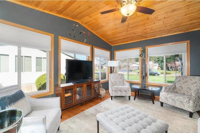 living room featuring hardwood / wood-style flooring, ceiling fan, lofted ceiling, and wood ceiling