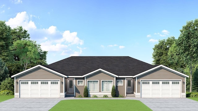 view of front of home featuring a front yard and a garage