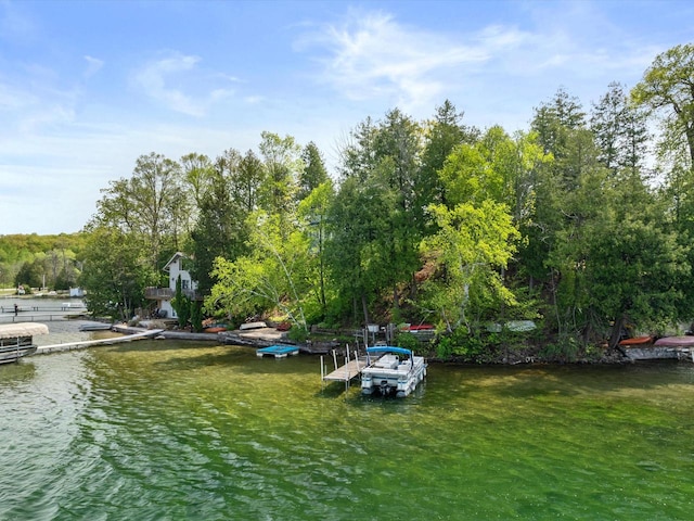 exterior space featuring a boat dock and a water view