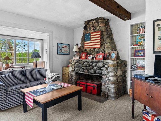 W6540 County Road C, Plymouth, WI 53073 - carpeted living room featuring a stone fireplace and beam ceiling