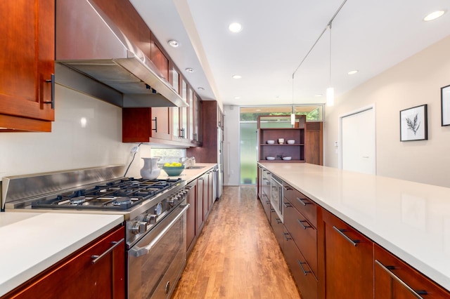 kitchen with sink, stainless steel appliances, pendant lighting, exhaust hood, and light wood-type flooring