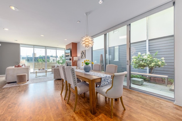 dining space with light wood-type flooring and floor to ceiling windows