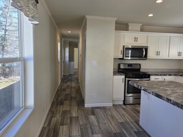 1407 N Peach Ave Unit 119, Marshfield, WI 54449 - kitchen featuring stainless steel appliances, dark countertops, recessed lighting, dark wood-style flooring, and crown molding