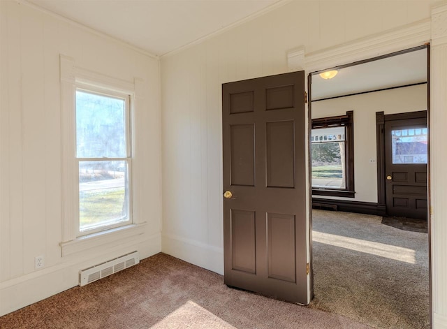 unfurnished room with carpet and ornamental molding