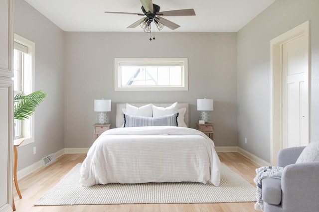 bedroom with light hardwood / wood-style flooring and ceiling fan