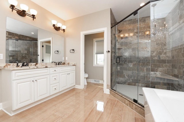 bathroom with vanity, toilet, and a shower with shower door