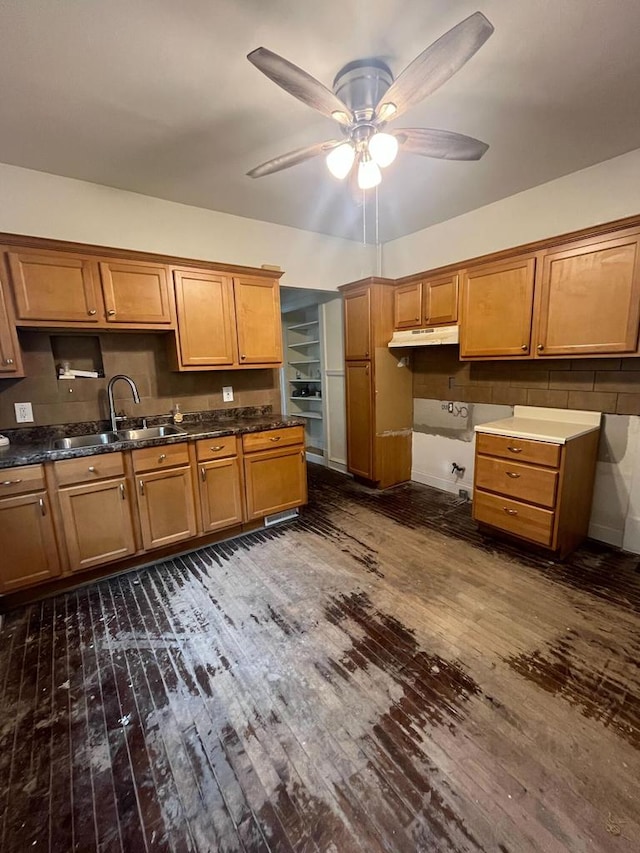 kitchen featuring tasteful backsplash, dark hardwood / wood-style floors, ceiling fan, and sink