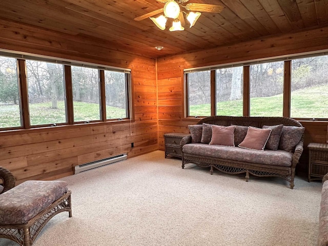 living room with wood ceiling, wood walls, carpet, and a baseboard radiator