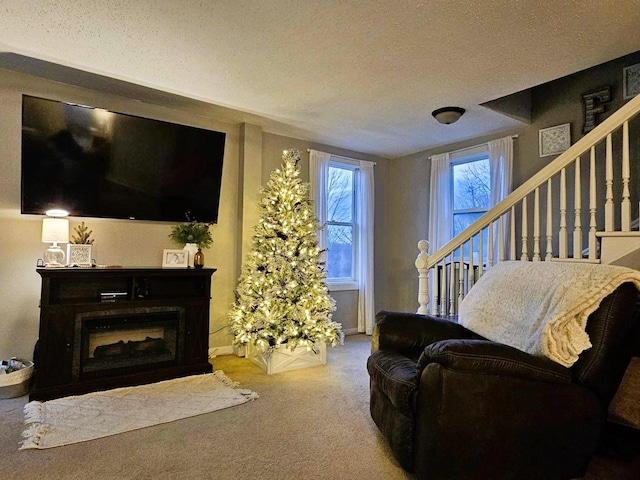 living room with carpet and a textured ceiling